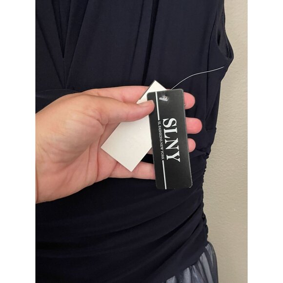 SLNY Missy Blue Fit & Flare Cocktail Party Dress Sleeveless Navy Size 6 Stretch - Picture 10 of 16